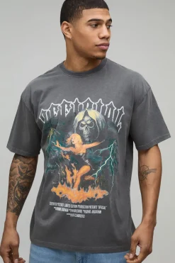 T-Shirt Oversize Gothique Imprimé Tête de Mort Délavé