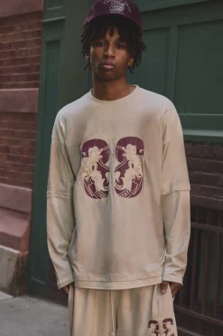 T-shirt oversize graphique à effet de fausse superposition, en tissu épais délavé