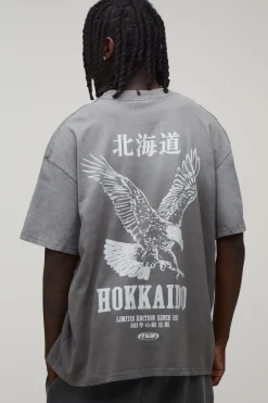 T-shirt Oversize Gris Anthracite Effet Spray Wash Avec Imprimé Hokkaido