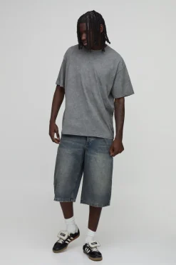 T-shirt Oversize Gris Anthracite Délavé À Imprimé Floral Dessiné Au Trait