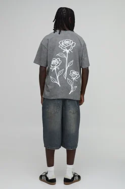 T-shirt Oversize Gris Anthracite Délavé À Imprimé Floral Dessiné Au Trait