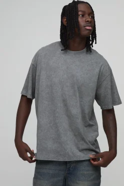 T-shirt Oversize Gris Anthracite Délavé À Imprimé Floral Dessiné Au Trait