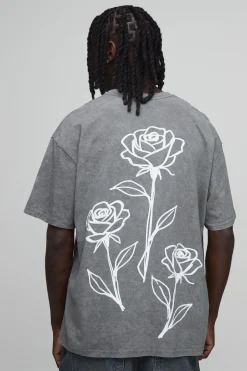T-shirt Oversize Gris Anthracite Délavé À Imprimé Floral Dessiné Au Trait