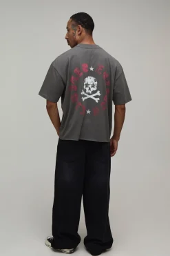 boohooMAN T-shirt Oversize Gris Anthracite À Imprimé Tête De Mort Avec Ourlet Brut<Homme T-Shirts Impriméstendances|T-Shirts