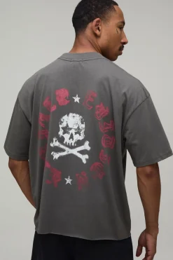 boohooMAN T-shirt Oversize Gris Anthracite À Imprimé Tête De Mort Avec Ourlet Brut<Homme T-Shirts Impriméstendances|T-Shirts