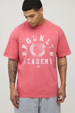 T-shirt Oversize Imprimé Brooklyn Rouge Délavé