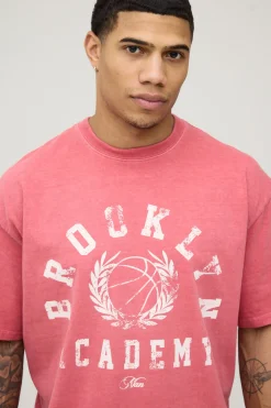 T-shirt Oversize Imprimé Brooklyn Rouge Délavé