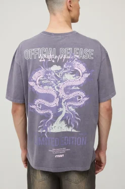boohooMAN T-shirt Oversize Imprimé Dragon Anthracite Délavé<Homme T-Shirts Impriméstendances|T-Shirts