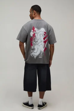 T-shirt Oversize À Imprimé Dragon Effet Délavé