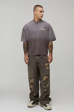 T-shirt Oversize Imprimé Effet Spray Wash Chocolat Délavé
