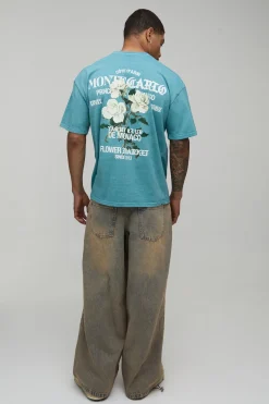 T-Shirt Oversize à Imprimé Floral Bleu Délavé Vintage