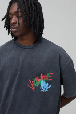 T-shirt Oversize À Imprimé Graffiti Effet Délavé Acide