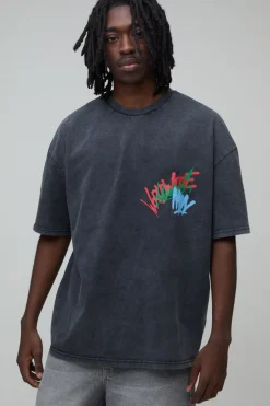 T-shirt Oversize À Imprimé Graffiti Effet Délavé Acide