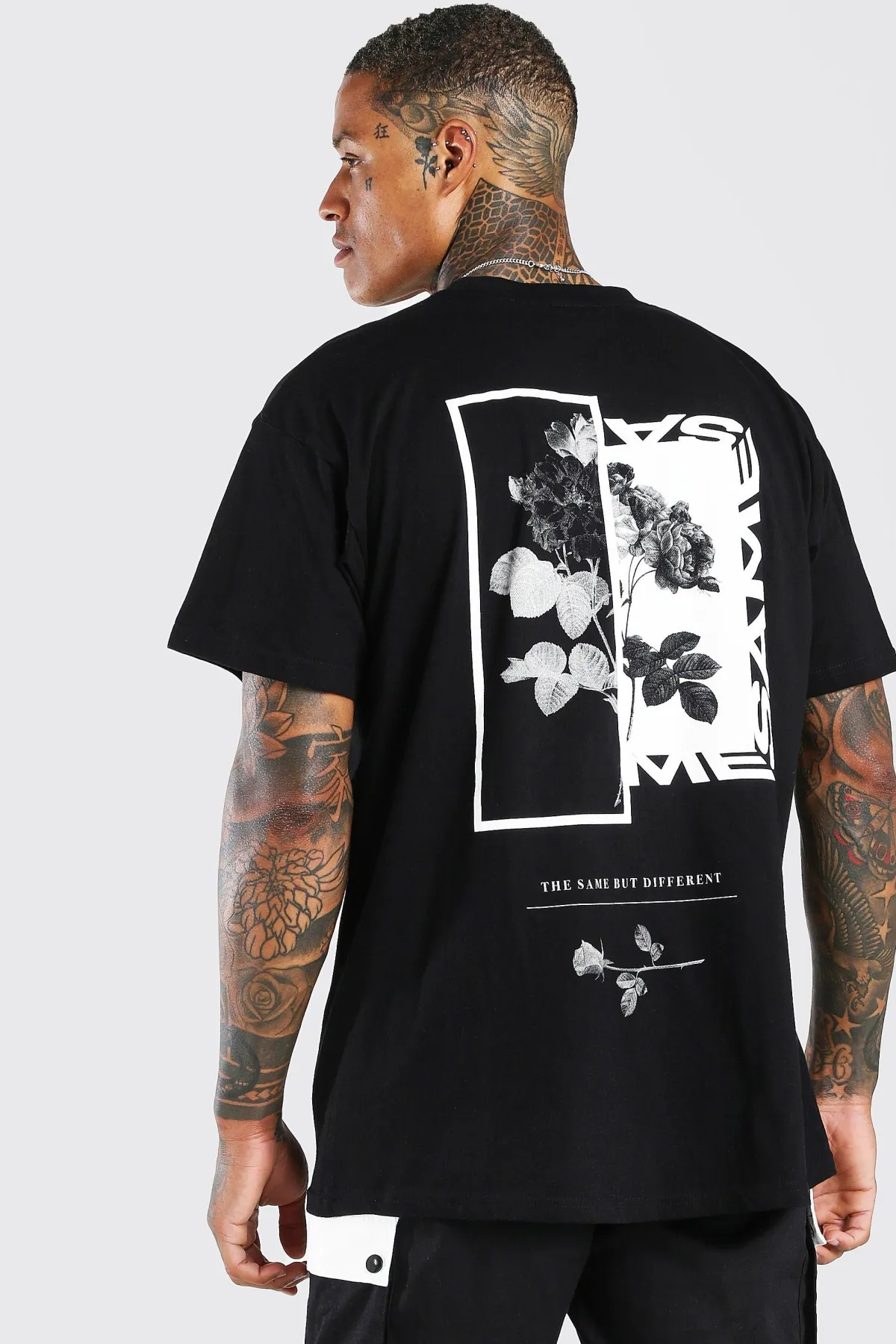 boohooMAN T-shirt oversize à imprimé photo floral dans le dos<Homme T-Shirts Impriméstendances|T-Shirts