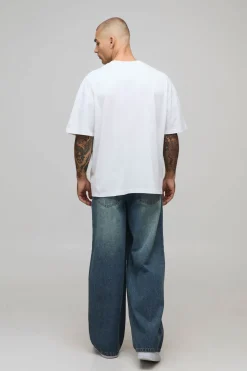 T-Shirt Oversize Imprimé Slogan Argent avec Appliqué Vieilli