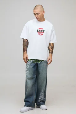 T-Shirt Oversize Imprimé Slogan Argent avec Appliqué Vieilli