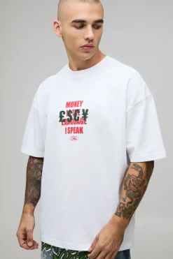 T-Shirt Oversize Imprimé Slogan Argent avec Appliqué Vieilli