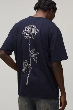 T-shirt Oversize À Imprimé Tige De Rose Dessinée Au Trait