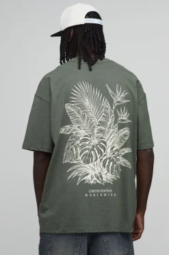 T-shirt Oversize Kaki À Imprimé Palmier Dessiné Au Trait