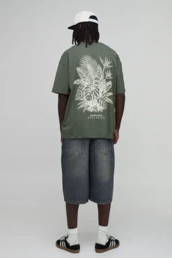 T-shirt Oversize Kaki À Imprimé Palmier Dessiné Au Trait