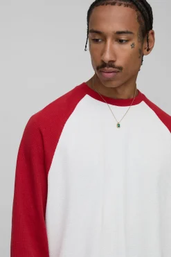 T-shirt oversize, à la coupe carrée, en tissu épais à motif gaufré, col raglan et manches longues