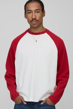 T-shirt oversize, à la coupe carrée, en tissu épais à motif gaufré, col raglan et manches longues