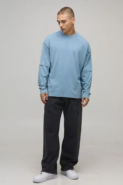 T-Shirt Oversize Lavé Poids Lourd Coutures Apparentes Effet Superposition