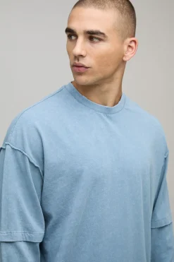 T-Shirt Oversize Lavé Poids Lourd Coutures Apparentes Effet Superposition