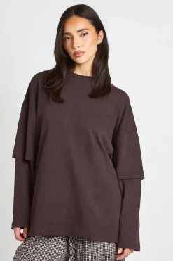 boohoo T-shirt Oversize À Manches Double Épaisseur<Femme Looks Chocolat|Tops