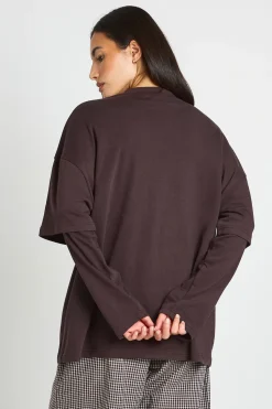 boohoo T-shirt Oversize À Manches Double Épaisseur<Femme Looks Chocolat|Tops