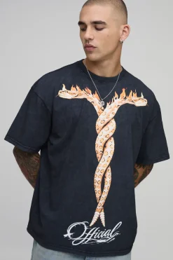T-shirt Oversize Noir Délavé À L'acide Imprimé Synthétique Et Flammes