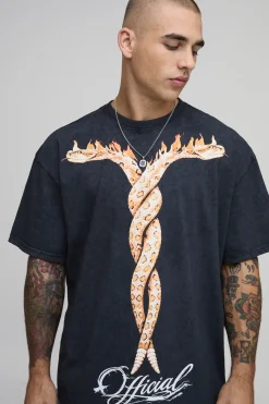 T-shirt Oversize Noir Délavé À L'acide Imprimé Synthétique Et Flammes