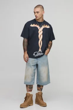 T-shirt Oversize Noir Délavé À L'acide Imprimé Synthétique Et Flammes