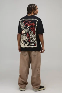 T-shirt oversize noir Kyoto, impression grand format style carte postale