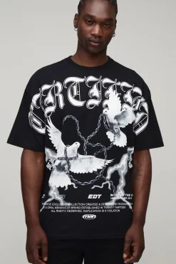 T-shirt Oversize Noir Tall À Imprimé Colombe Gothique Sur Les Coutures