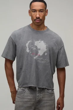 T-shirt Oversize Raccourci Effet Usé Imprimé Grunge Lavage Vintage