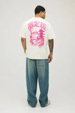 T-shirt Oversize Rose Délavé À Imprimé Doodle