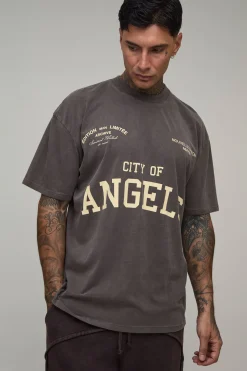 T-shirt Oversize Tall Délavé Chocolat Imprimé City Of Angels
