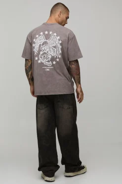 boohooMAN T-shirt Oversize Délavé Avec Imprimé Aigle Au Trait<Homme T-Shirts Impriméstendances|T-Shirts