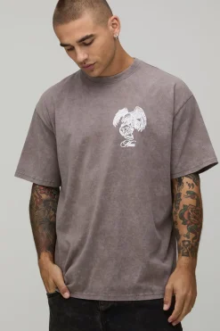 boohooMAN T-shirt Oversize Délavé Avec Imprimé Aigle Au Trait<Homme T-Shirts Impriméstendances|T-Shirts