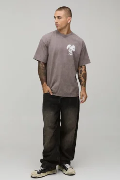 boohooMAN T-shirt Oversize Délavé Avec Imprimé Aigle Au Trait<Homme T-Shirts Impriméstendances|T-Shirts