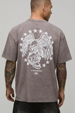 boohooMAN T-shirt Oversize Délavé Avec Imprimé Aigle Au Trait<Homme T-Shirts Impriméstendances|T-Shirts