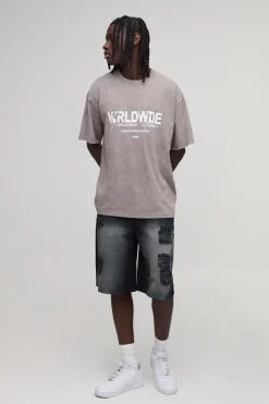 T-shirt Oversize Taupe Délavé Neige Imprimé Worldwide