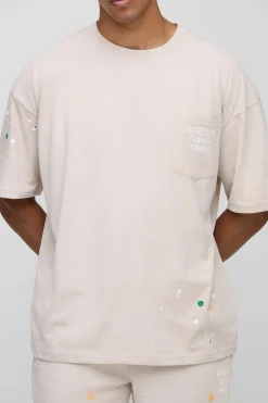 boohooMAN T-shirt à poche surdimensionné de l'Atelier Lavé aux Éclaboussures de Peinture<Homme T-Shirts Impriméstendances|T-Shirts
