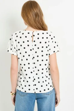 T-shirt À Pois En Jersey Avec Manches Retroussées Et Boutons