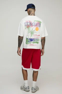 T-shirt pour homme grand, surdimensionné et à la coupe carrée avec imprimé paysage & ensemble court basket-ball