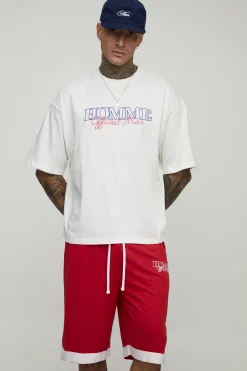 T-shirt pour homme grand, surdimensionné et à la coupe carrée avec imprimé paysage & ensemble court basket-ball