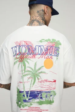 T-shirt pour homme grand, surdimensionné et à la coupe carrée avec imprimé paysage & ensemble court basket-ball