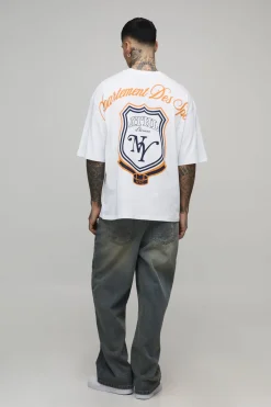T-shirt pour homme surdimensionné, à écriture manuscrite et écusson, impression grand format