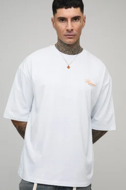T-shirt pour homme surdimensionné, à écriture manuscrite et écusson, impression grand format
